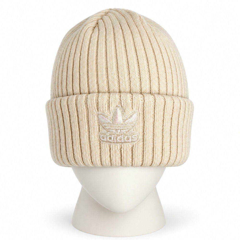 Adidas OS Beanie Cream Ribbed Knit Iridescent Trefoil Logo Winter Hat Streetwear